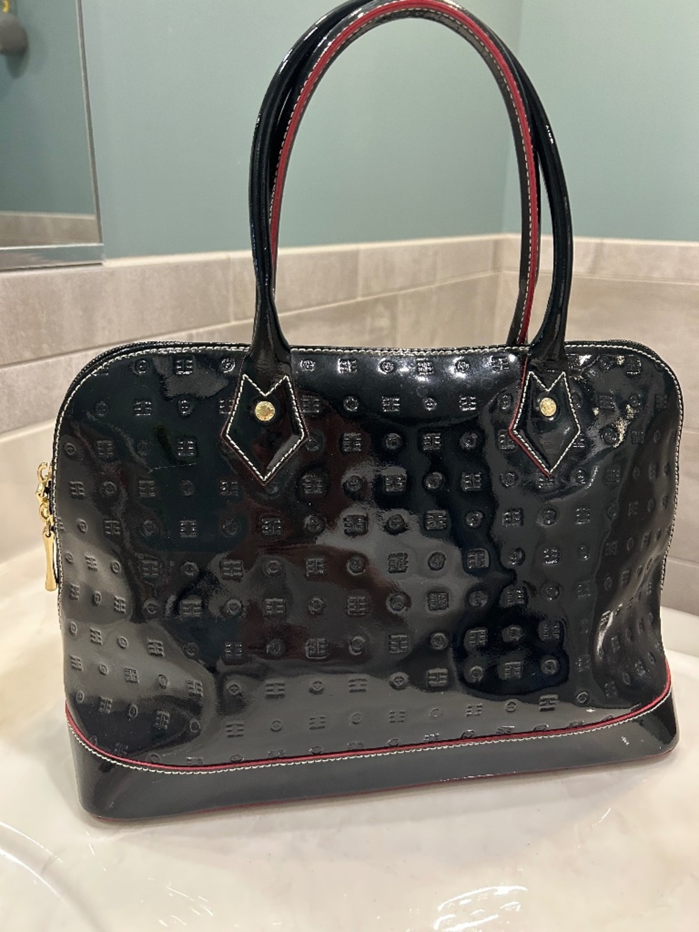 Quiet luxury Arcadia Italy black embossed patent leather satchel bag